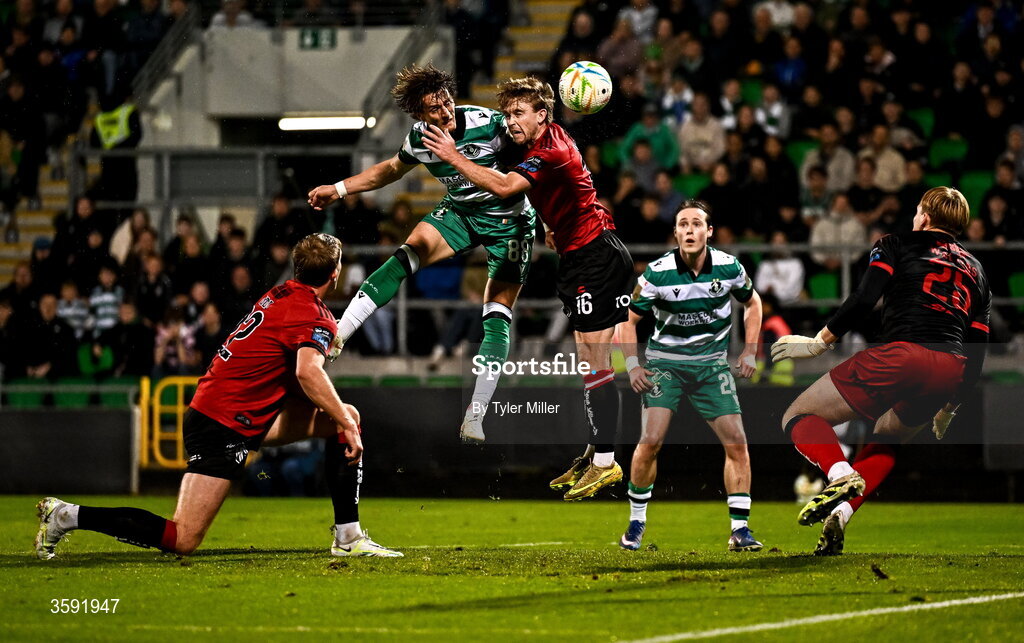 12 October 2026; John McGovern of Shamrock Rovers heads his side's first goal during the SSE Airtricity Men's Premier Division match between Shamrock Rovers and Bohemians at Tallaght Stadium in Dublin. Photo by Tyler Miller/Sportsfile