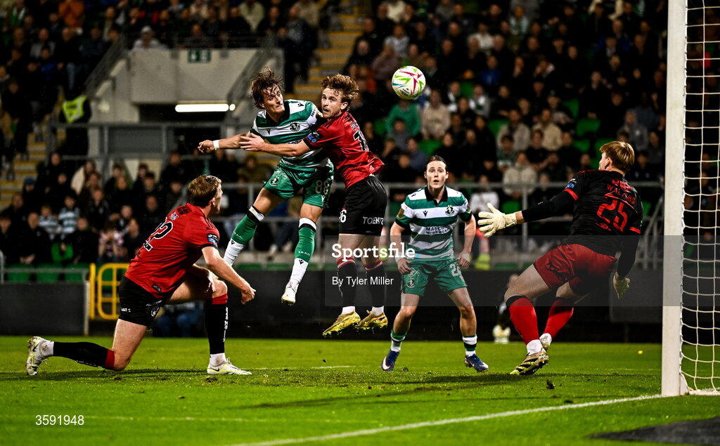 12 October 2026; John McGovern of Shamrock Rovers heads his side's first goal during the SSE Airtricity Men's Premier Division match between Shamrock Rovers and Bohemians at Tallaght Stadium in Dublin. Photo by Tyler Miller/Sportsfile