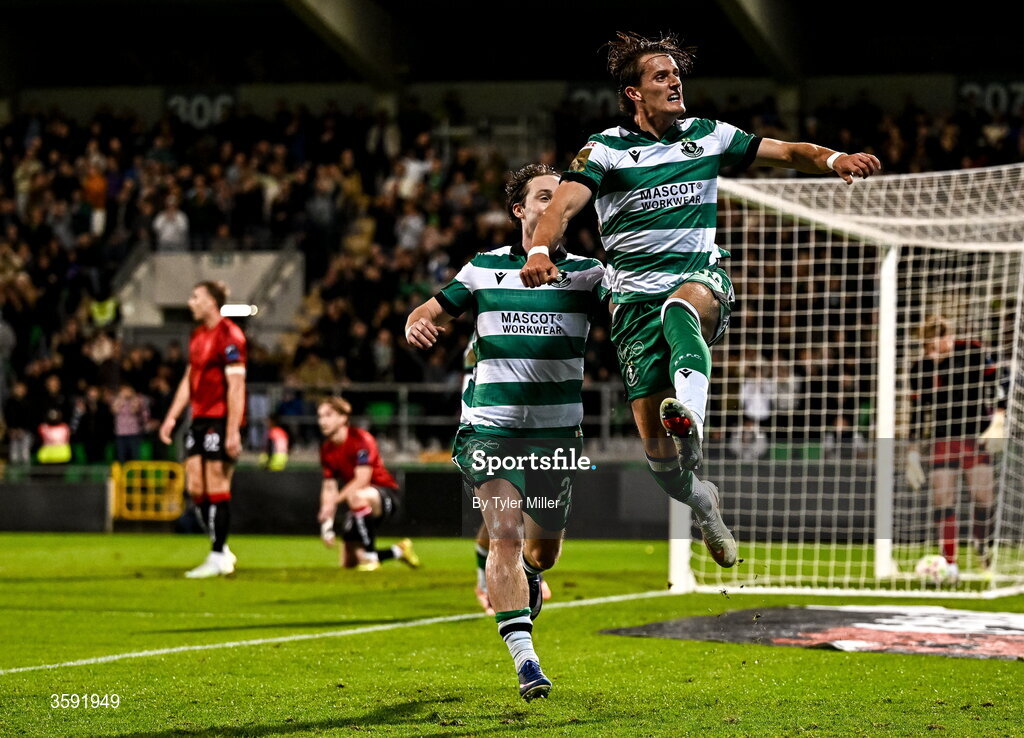 12 October 2026; John McGovern of Shamrock Rovers, right,  celebrates with teammate Will Fitzgerald after scoring his side's first goal during the SSE Airtricity Men's Premier Division match between Shamrock Rovers and Bohemians at Tallaght Stadium in Dublin. Photo by Tyler Miller/Sportsfile