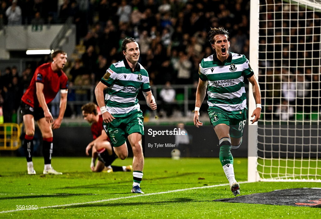 12 October 2026; John McGovern of Shamrock Rovers, right,  celebrates with teammate Will Fitzgerald after scoring his side's first goal during the SSE Airtricity Men's Premier Division match between Shamrock Rovers and Bohemians at Tallaght Stadium in Dublin. Photo by Tyler Miller/Sportsfile