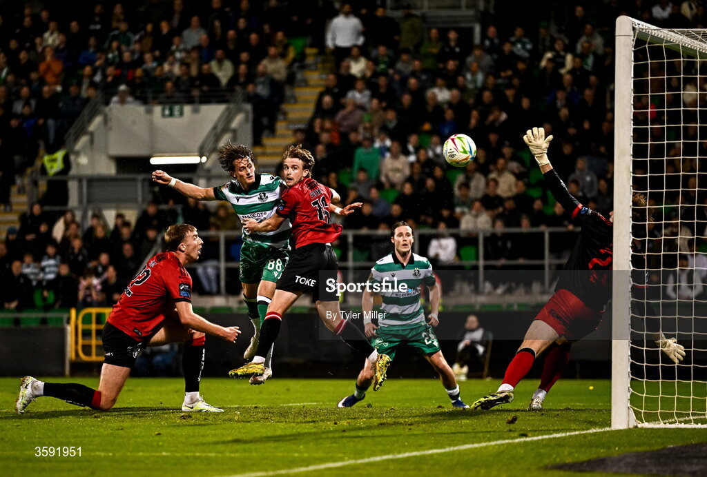 12 October 2026; John McGovern of Shamrock Rovers heads his side's first goal during the SSE Airtricity Men's Premier Division match between Shamrock Rovers and Bohemians at Tallaght Stadium in Dublin. Photo by Tyler Miller/Sportsfile