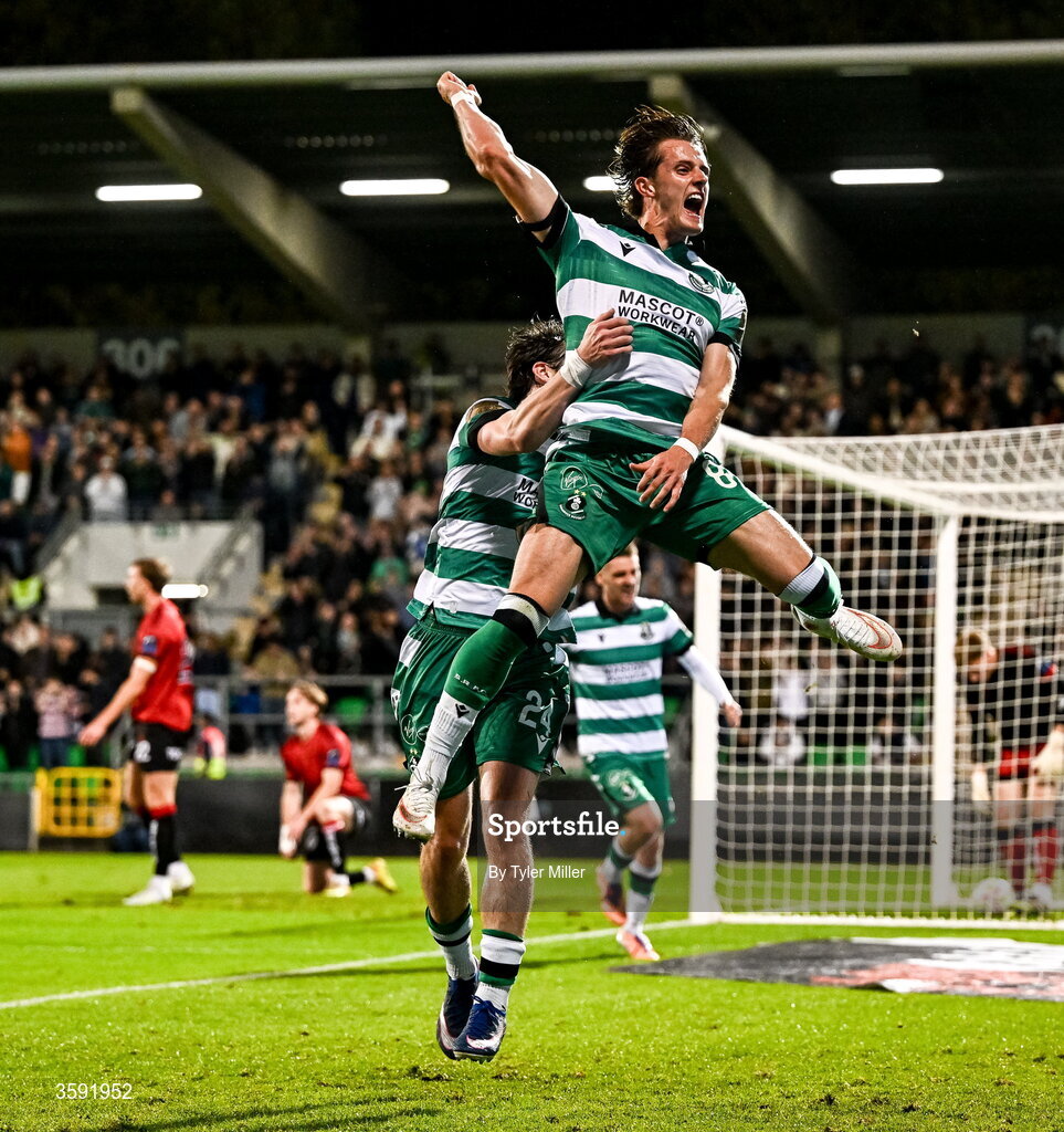 12 October 2026; John McGovern of Shamrock Rovers, right,  celebrates with teammate Will Fitzgerald after scoring his side's first goal during the SSE Airtricity Men's Premier Division match between Shamrock Rovers and Bohemians at Tallaght Stadium in Dublin. Photo by Tyler Miller/Sportsfile