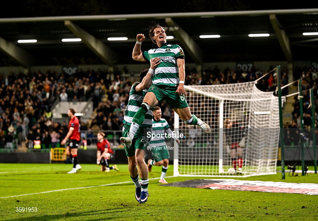 12 October 2026; John McGovern of Shamrock Rovers, right,  celebrates with teammate Will Fitzgerald after scoring his side's first goal during the SSE Airtricity Men's Premier Division match between Shamrock Rovers and Bohemians at Tallaght Stadium in Dublin. Photo by Tyler Miller/Sportsfile