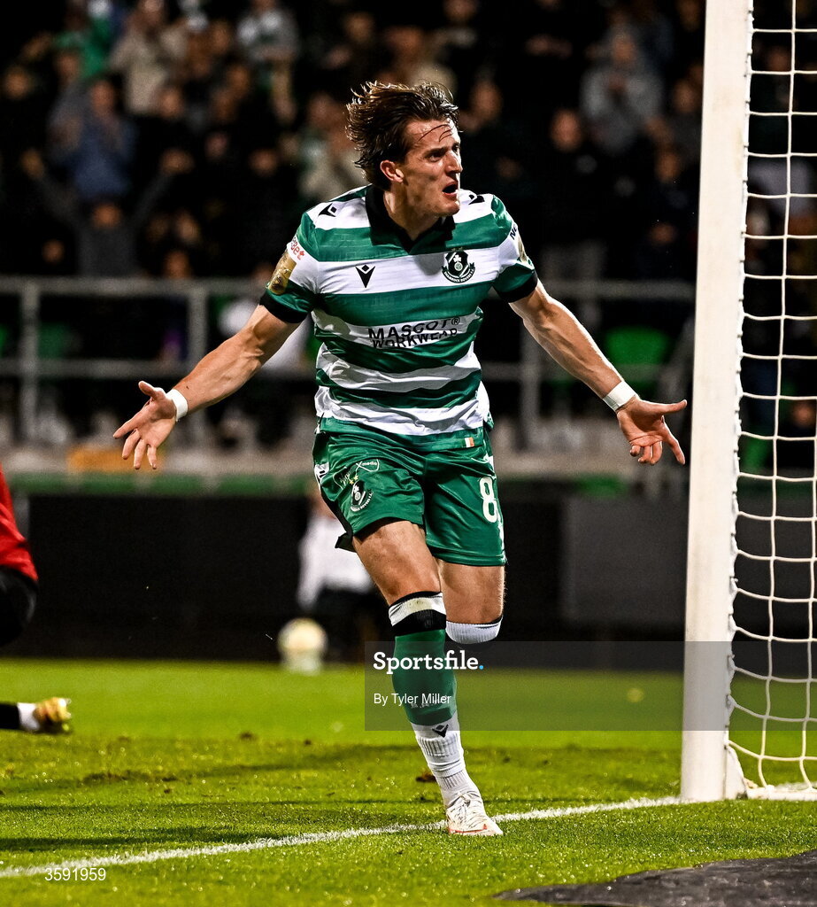 12 October 2026; John McGovern of Shamrock Rovers celebrates after scoring his side's first goal during the SSE Airtricity Men's Premier Division match between Shamrock Rovers and Bohemians at Tallaght Stadium in Dublin. Photo by Tyler Miller/Sportsfile