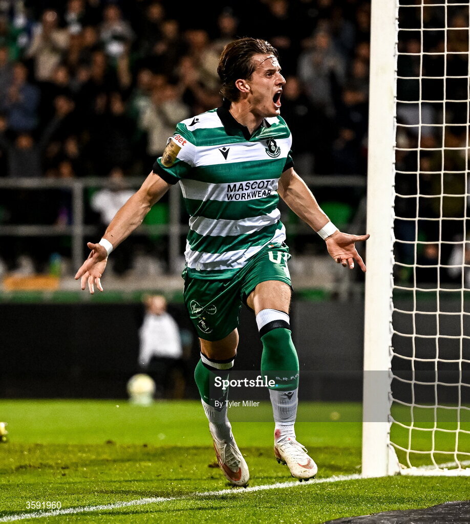 12 October 2026; John McGovern of Shamrock Rovers celebrates after scoring his side's first goal during the SSE Airtricity Men's Premier Division match between Shamrock Rovers and Bohemians at Tallaght Stadium in Dublin. Photo by Tyler Miller/Sportsfile