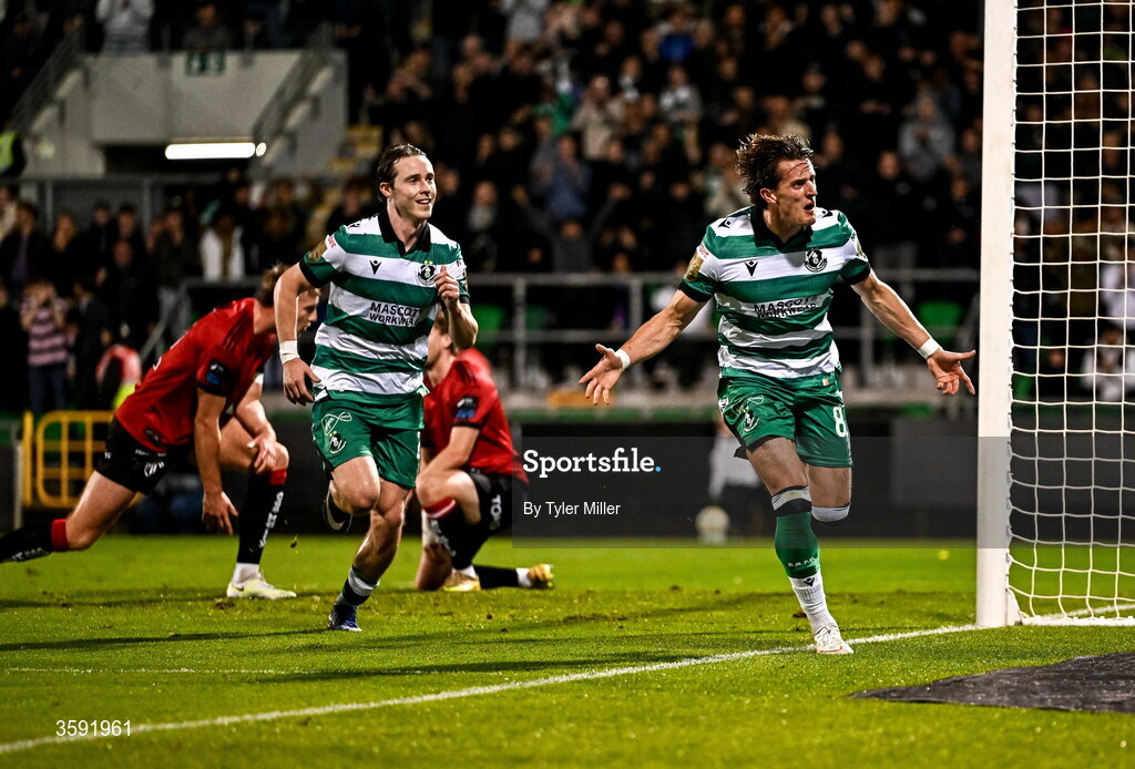 12 October 2026; John McGovern of Shamrock Rovers celebrates with teammate Will Fitzgerald after scoring his side's first goal during the SSE Airtricity Men's Premier Division match between Shamrock Rovers and Bohemians at Tallaght Stadium in Dublin. Photo by Tyler Miller/Sportsfile