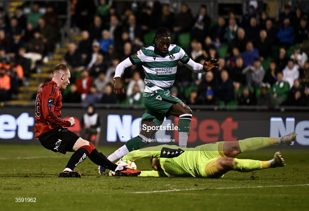 12 October 2026; Ross Tierney of Bohemians has a shot on goal saved by Shamrock Rovers goalkeeper Ed McGinty during the SSE Airtricity Men's Premier Division match between Shamrock Rovers and Bohemians at Tallaght Stadium in Dublin. Photo by Ben McShane/Sportsfile