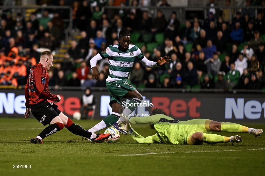 12 October 2026; Ross Tierney of Bohemians has a shot on goal saved by Shamrock Rovers goalkeeper Ed McGinty during the SSE Airtricity Men's Premier Division match between Shamrock Rovers and Bohemians at Tallaght Stadium in Dublin. Photo by Ben McShane/Sportsfile
