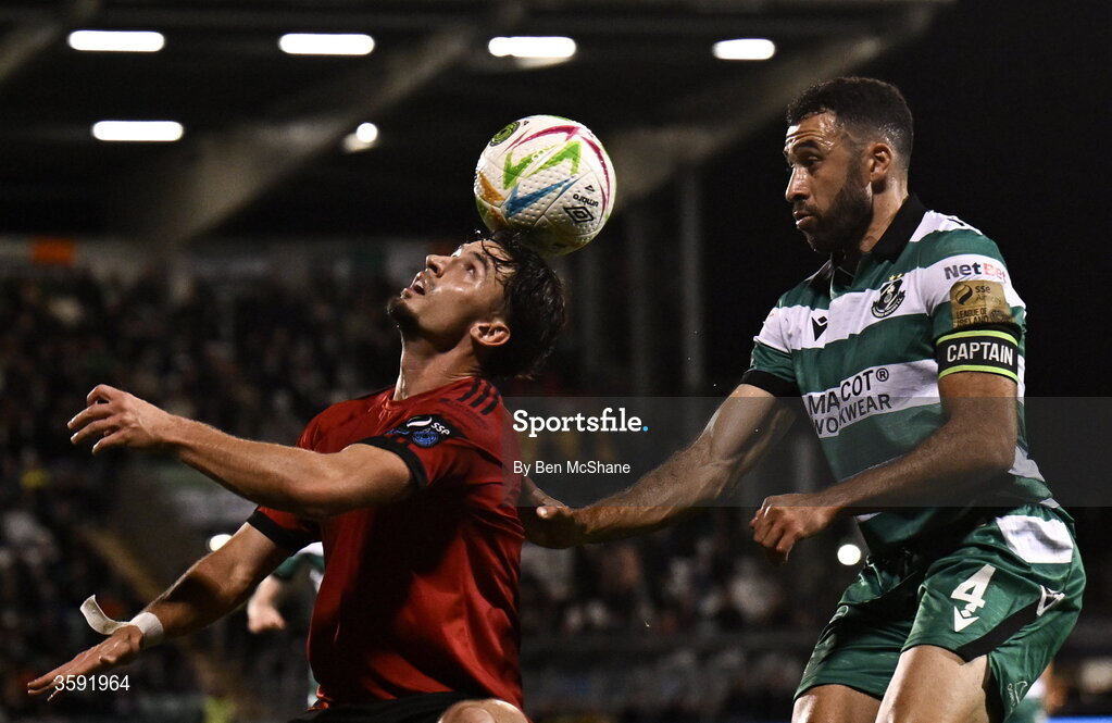 12 October 2026; Connor Parsons of Bohemians in action against Roberto Lopes of Shamrock Rovers during the SSE Airtricity Men's Premier Division match between Shamrock Rovers and Bohemians at Tallaght Stadium in Dublin. Photo by Ben McShane/Sportsfile