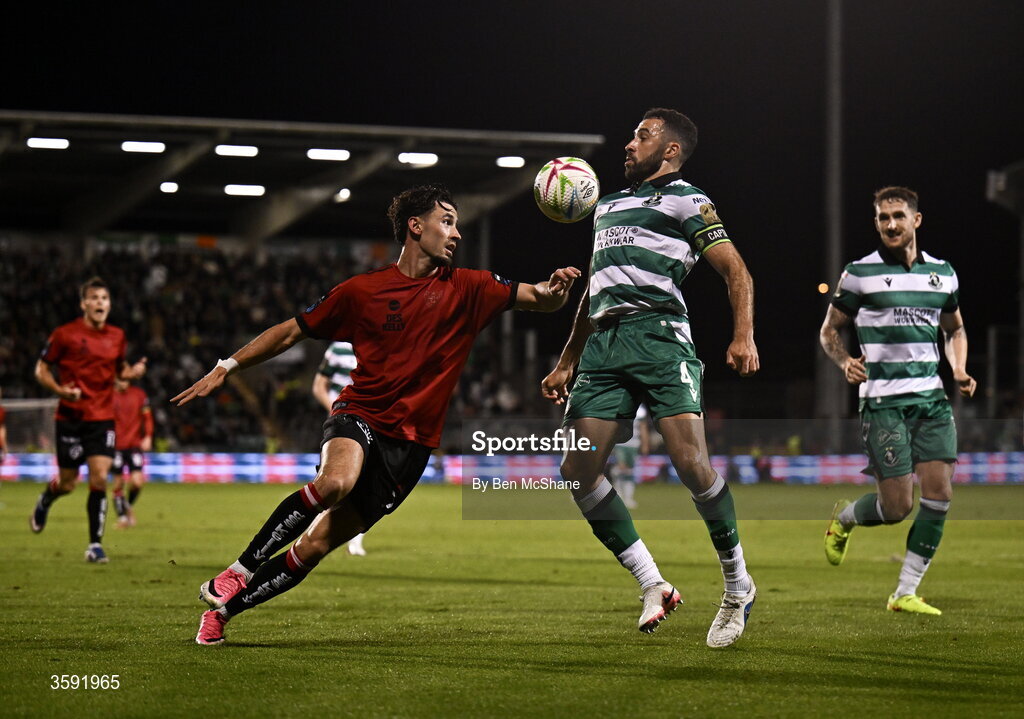 12 October 2026; Roberto Lopes of Shamrock Rovers in action against Connor Parsons of Bohemians during the SSE Airtricity Men's Premier Division match between Shamrock Rovers and Bohemians at Tallaght Stadium in Dublin. Photo by Ben McShane/Sportsfile
