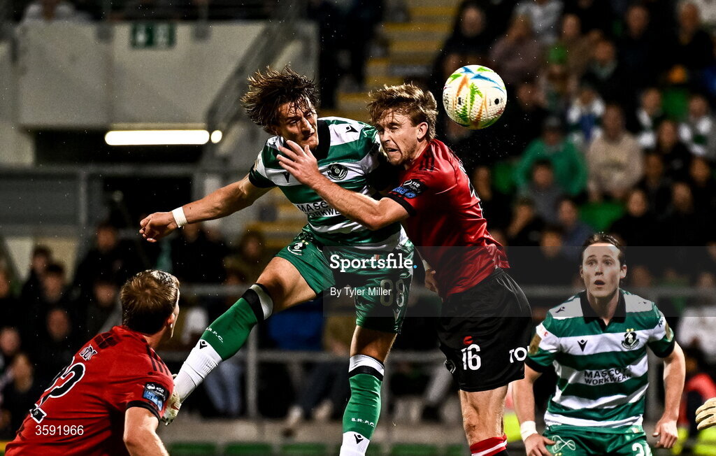 12 October 2026; John McGovern of Shamrock Rovers heads his side's first goal during the SSE Airtricity Men's Premier Division match between Shamrock Rovers and Bohemians at Tallaght Stadium in Dublin. Photo by Tyler Miller/Sportsfile