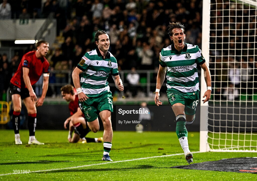 12 October 2026; John McGovern of Shamrock Rovers celebrates with teammate Will Fitzgerald after scoring his side's first goal during the SSE Airtricity Men's Premier Division match between Shamrock Rovers and Bohemians at Tallaght Stadium in Dublin. Photo by Tyler Miller/Sportsfile