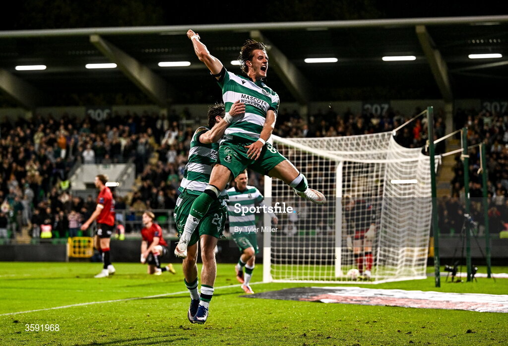 12 October 2026; John McGovern of Shamrock Rovers celebrates with teammate Will Fitzgerald after scoring his side's first goal during the SSE Airtricity Men's Premier Division match between Shamrock Rovers and Bohemians at Tallaght Stadium in Dublin. Photo by Tyler Miller/Sportsfile