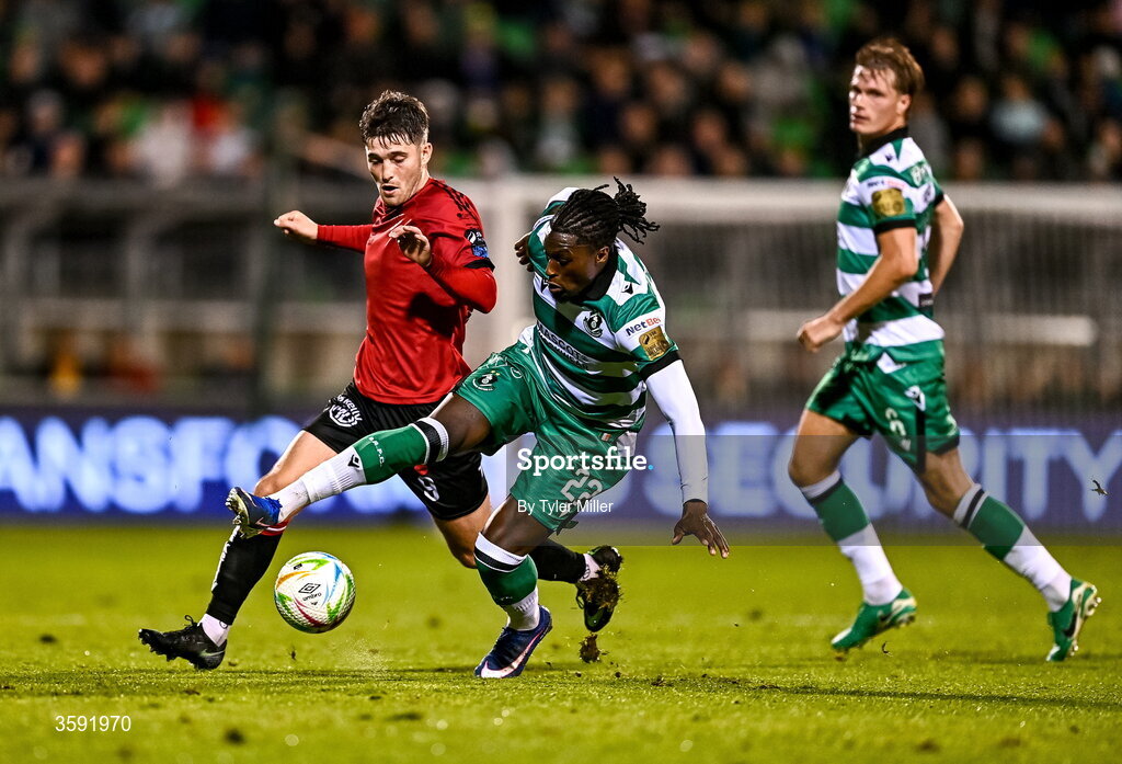 12 October 2026; Tunmise Sobowale of Shamrock Rovers in action against Colm Whelan of Bohemians during the SSE Airtricity Men's Premier Division match between Shamrock Rovers and Bohemians at Tallaght Stadium in Dublin. Photo by Tyler Miller/Sportsfile