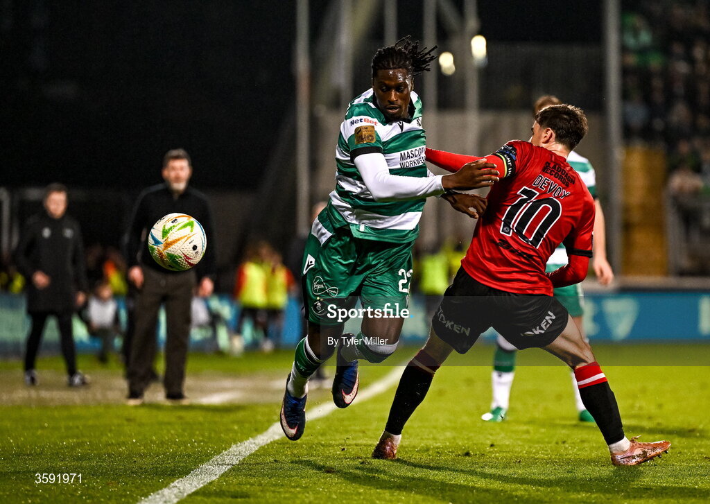12 October 2026; Tunmise Sobowale of Shamrock Rovers in action against Dawson Devoy of Bohemians during the SSE Airtricity Men's Premier Division match between Shamrock Rovers and Bohemians at Tallaght Stadium in Dublin. Photo by Tyler Miller/Sportsfile