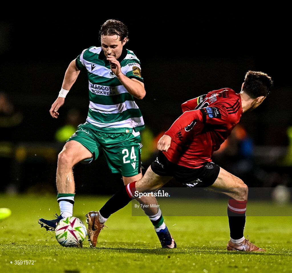 12 October 2026; Will Fitzgerald of Shamrock Rovers in action against Dawson Devoy of Bohemians during the SSE Airtricity Men's Premier Division match between Shamrock Rovers and Bohemians at Tallaght Stadium in Dublin. Photo by Tyler Miller/Sportsfile