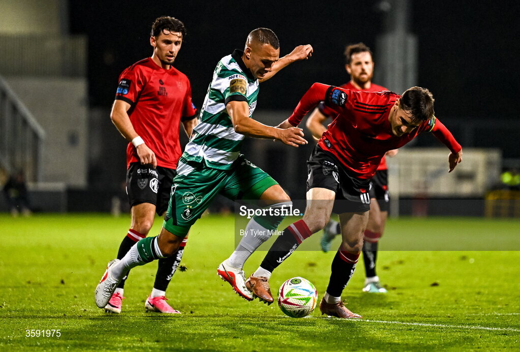 12 October 2026; Graham Burke of Shamrock Rovers in action against Dawson Devoy of Bohemians during the SSE Airtricity Men's Premier Division match between Shamrock Rovers and Bohemians at Tallaght Stadium in Dublin. Photo by Tyler Miller/Sportsfile