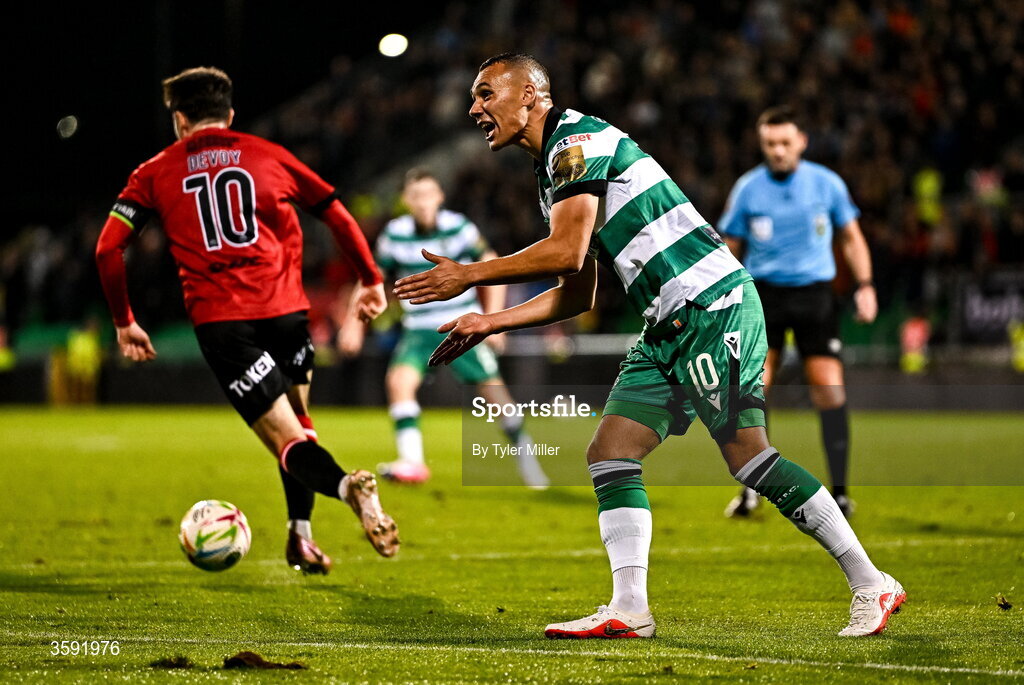 12 October 2026; Graham Burke of Shamrock Rovers reacts during the SSE Airtricity Men's Premier Division match between Shamrock Rovers and Bohemians at Tallaght Stadium in Dublin. Photo by Tyler Miller/Sportsfile