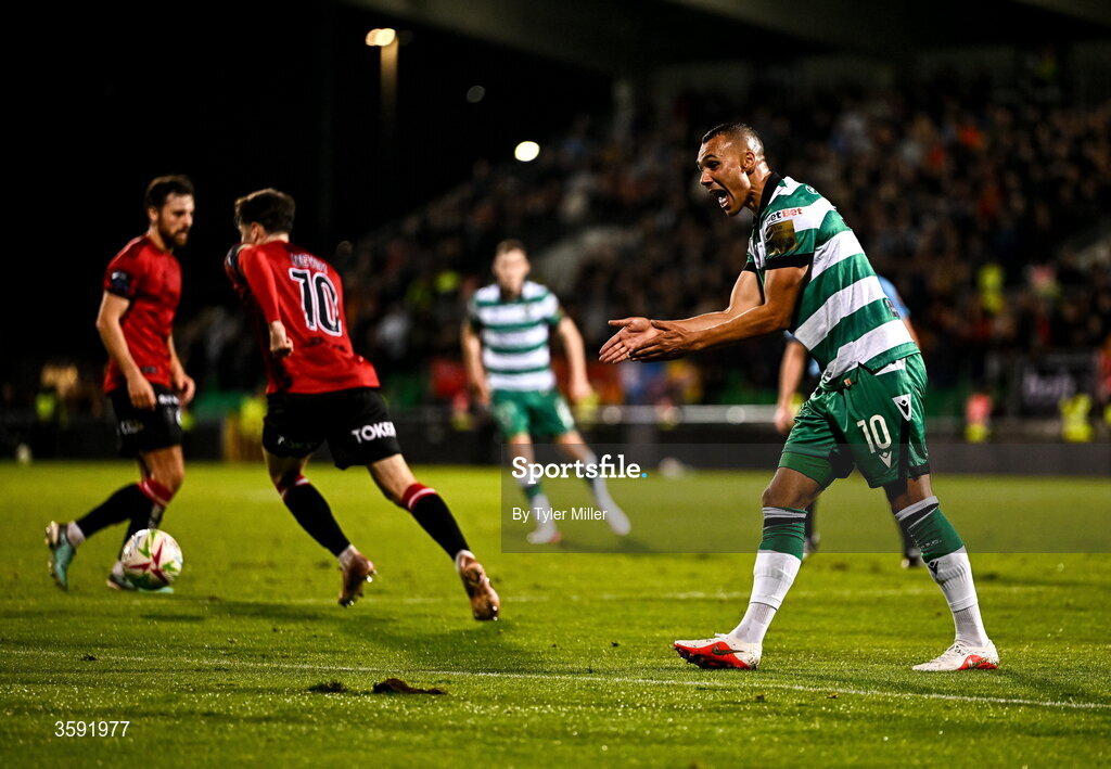 12 October 2026; Graham Burke of Shamrock Rovers reacts during the SSE Airtricity Men's Premier Division match between Shamrock Rovers and Bohemians at Tallaght Stadium in Dublin. Photo by Tyler Miller/Sportsfile