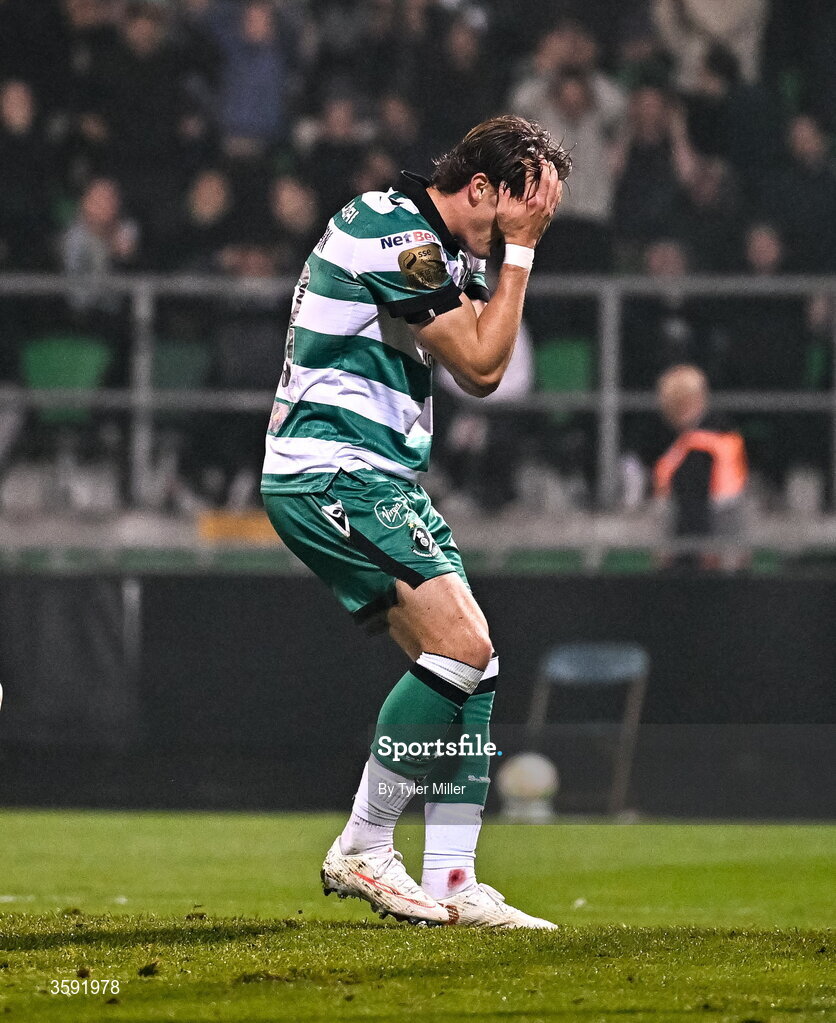 12 October 2026; John McGovern of Shamrock Rovers reacts to a missed chance during the SSE Airtricity Men's Premier Division match between Shamrock Rovers and Bohemians at Tallaght Stadium in Dublin. Photo by Tyler Miller/Sportsfile