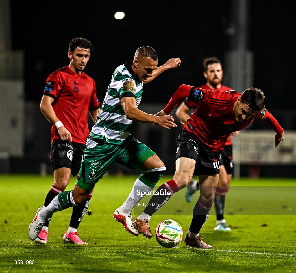 12 October 2026; Graham Burke of Shamrock Rovers in action against Dawson Devoy of Bohemians during the SSE Airtricity Men's Premier Division match between Shamrock Rovers and Bohemians at Tallaght Stadium in Dublin. Photo by Tyler Miller/Sportsfile