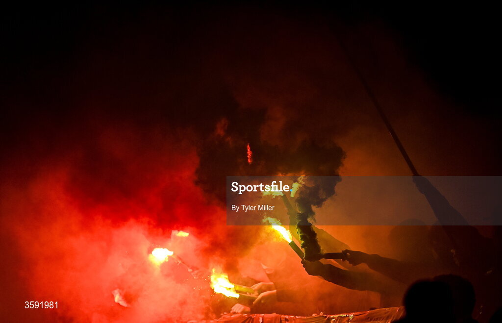 12 October 2026; Bohemians supporters with flares before the SSE Airtricity Men's Premier Division match between Shamrock Rovers and Bohemians at Tallaght Stadium in Dublin. Photo by Tyler Miller/Sportsfile