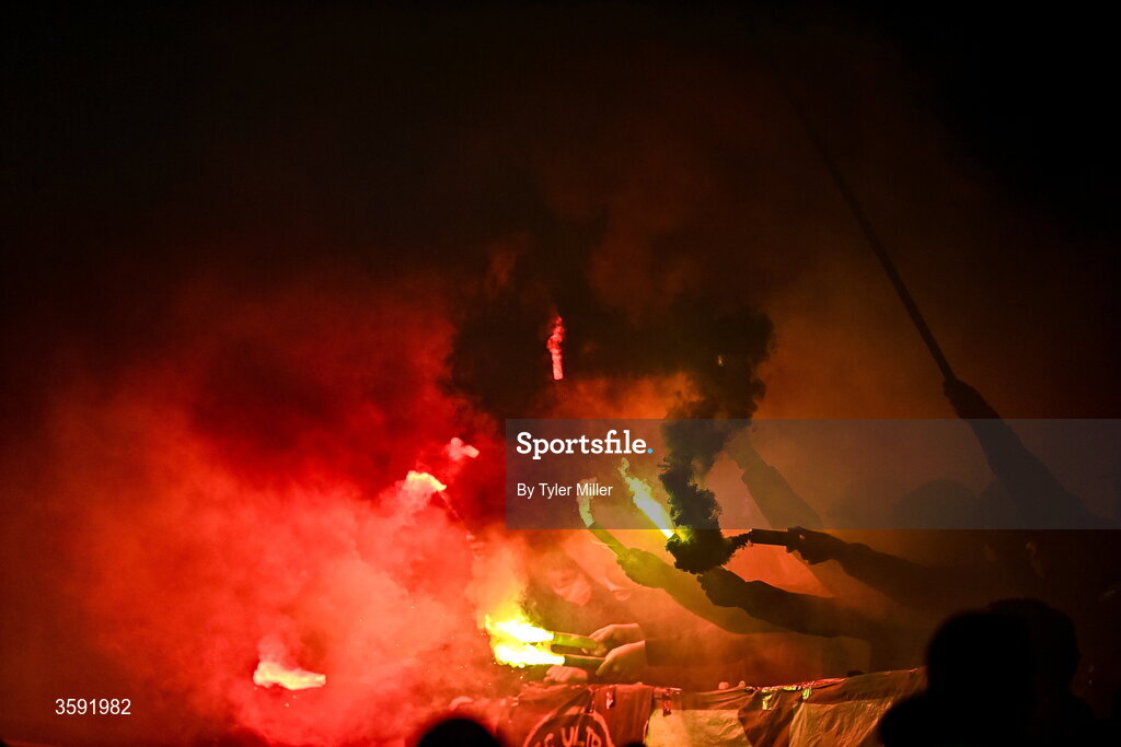 12 October 2026; Bohemians supporters with flares before the SSE Airtricity Men's Premier Division match between Shamrock Rovers and Bohemians at Tallaght Stadium in Dublin. Photo by Tyler Miller/Sportsfile
