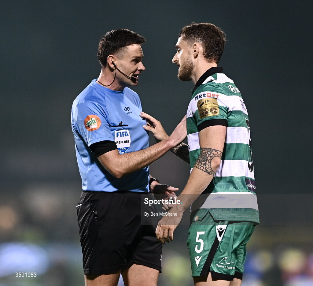 12 October 2026; Referee Rob Hennessy speaks to Lee Grace of Shamrock Rovers during the SSE Airtricity Men's Premier Division match between Shamrock Rovers and Bohemians at Tallaght Stadium in Dublin. Photo by Ben McShane/Sportsfile