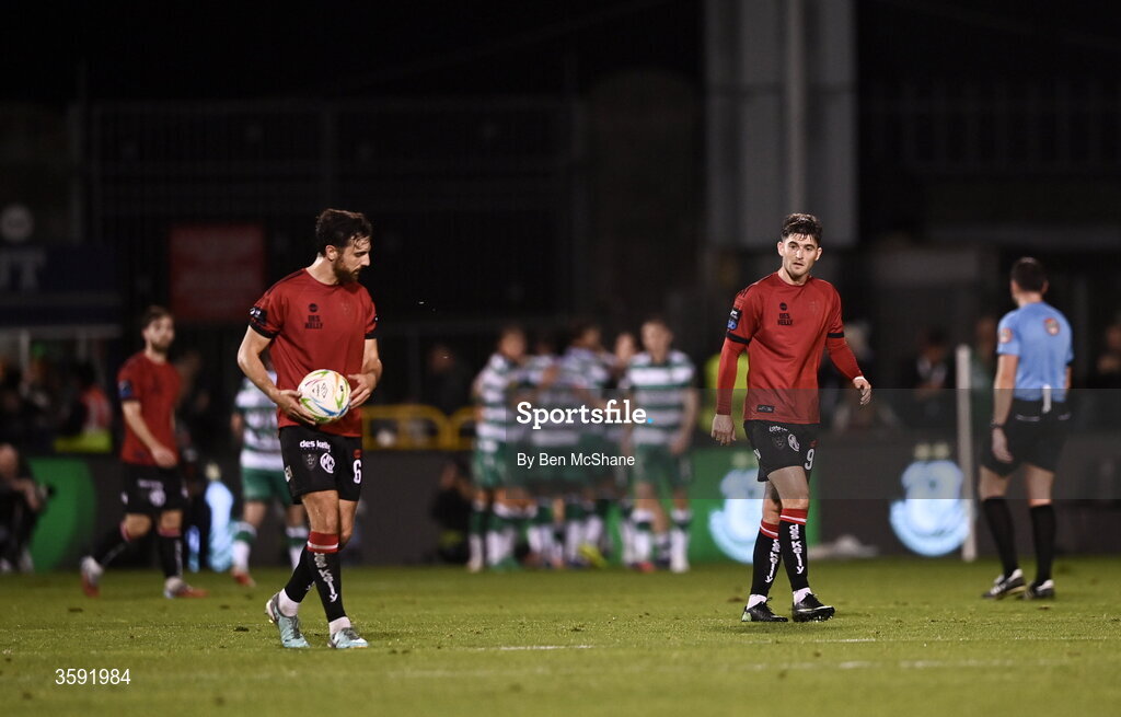 12 October 2026; Jordan Flores and Colm Whelan of Bohemians react after their side concede their first goal during the SSE Airtricity Men's Premier Division match between Shamrock Rovers and Bohemians at Tallaght Stadium in Dublin. Photo by Ben McShane/Sportsfile