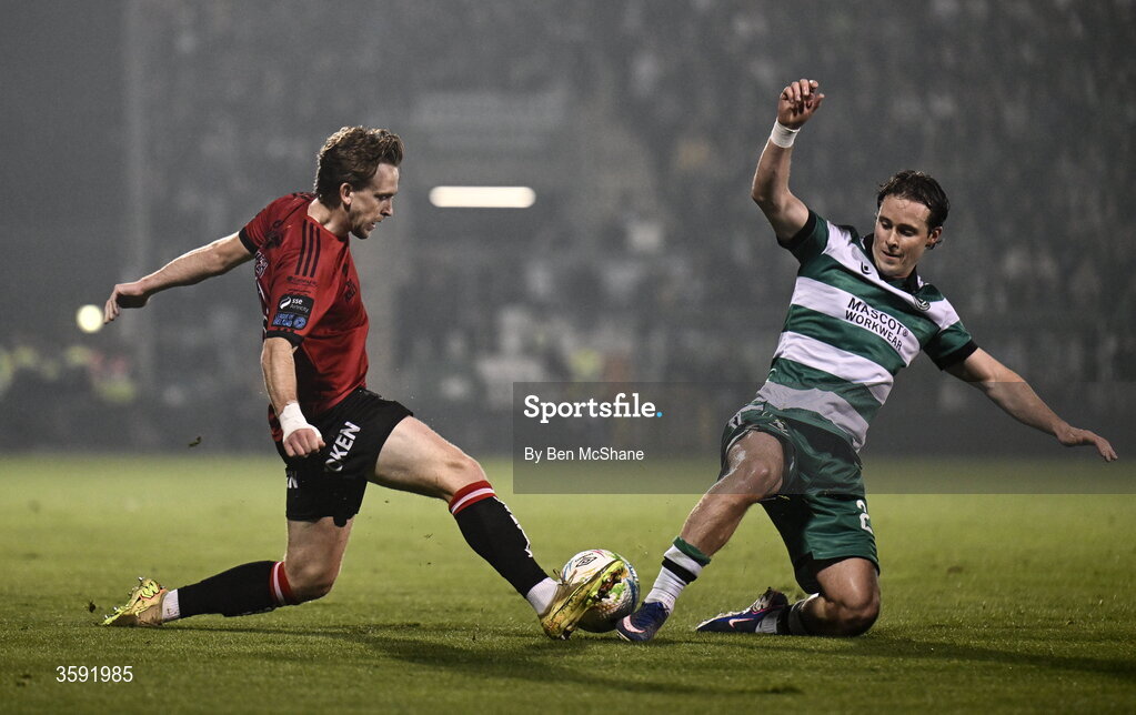 12 October 2026; Darragh Power of Bohemians in action against Will Fitzgerald of Shamrock Rovers during the SSE Airtricity Men's Premier Division match between Shamrock Rovers and Bohemians at Tallaght Stadium in Dublin. Photo by Ben McShane/Sportsfile