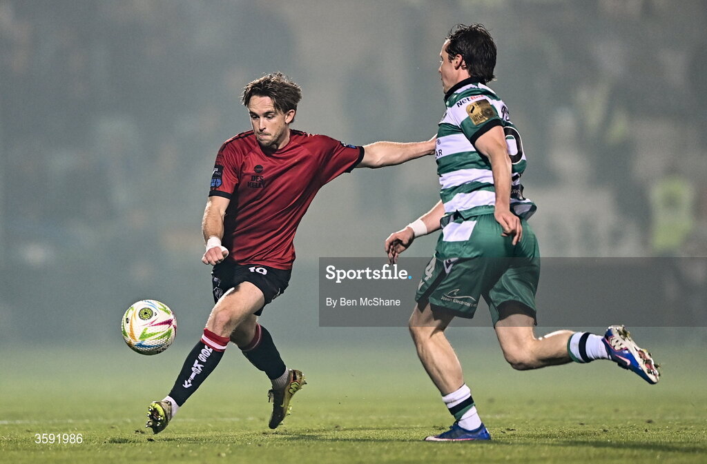 12 October 2026; Darragh Power of Bohemians in action against Will Fitzgerald of Shamrock Rovers during the SSE Airtricity Men's Premier Division match between Shamrock Rovers and Bohemians at Tallaght Stadium in Dublin. Photo by Ben McShane/Sportsfile