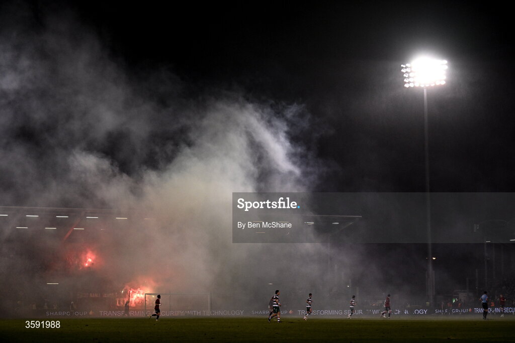 12 October 2026; Shamrock Rovers supporters set off flares during the SSE Airtricity Men's Premier Division match between Shamrock Rovers and Bohemians at Tallaght Stadium in Dublin. Photo by Ben McShane/Sportsfile