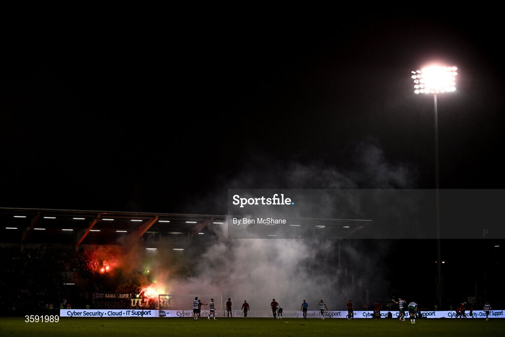 12 October 2026; Shamrock Rovers supporters set off flares during the SSE Airtricity Men's Premier Division match between Shamrock Rovers and Bohemians at Tallaght Stadium in Dublin. Photo by Ben McShane/Sportsfile