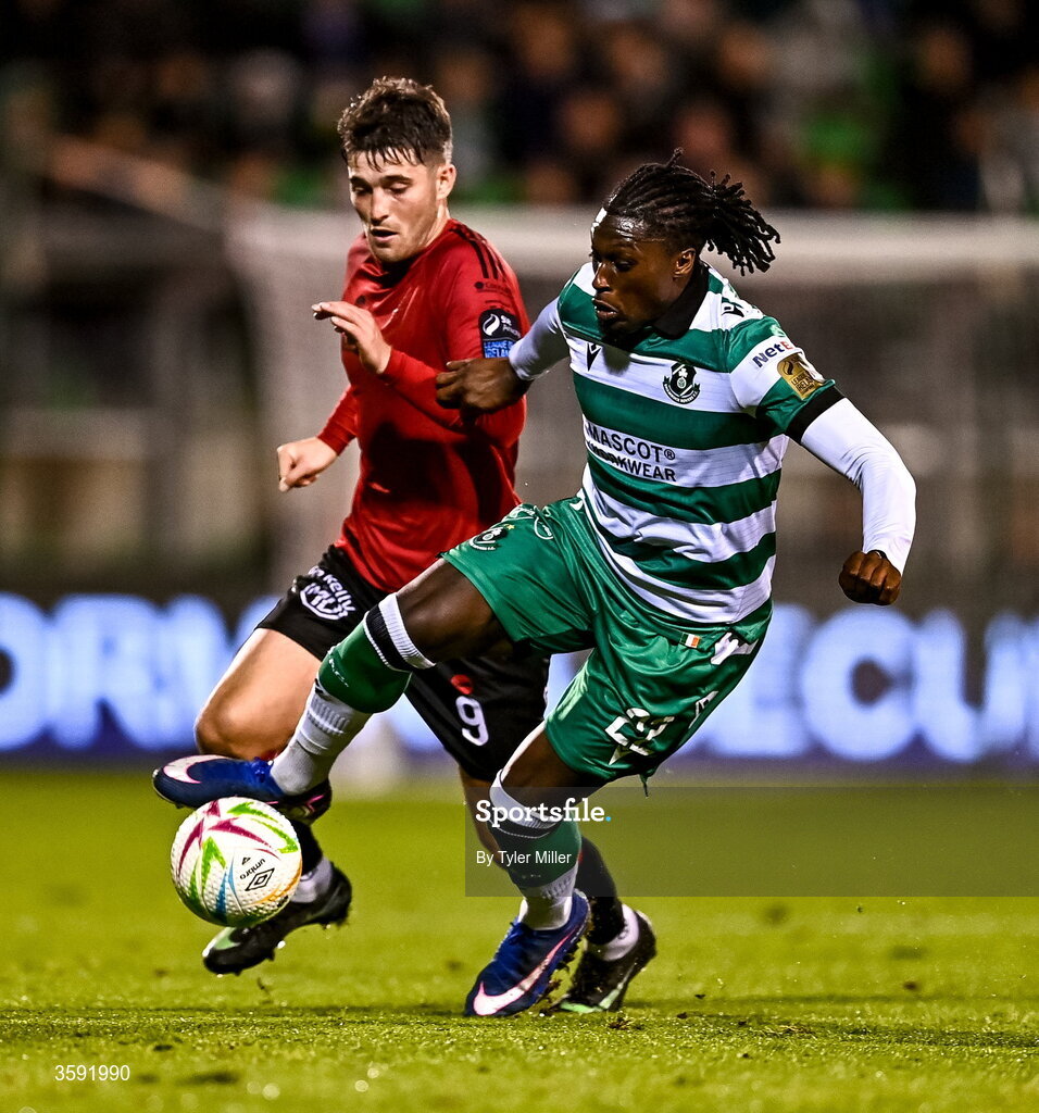 12 October 2026; Tunmise Sobowale of Shamrock Rovers in action against Colm Whelan of Bohemians during the SSE Airtricity Men's Premier Division match between Shamrock Rovers and Bohemians at Tallaght Stadium in Dublin. Photo by Tyler Miller/Sportsfile