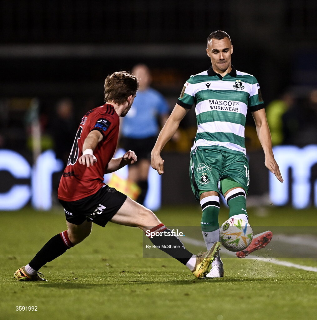 12 October 2026; Graham Burke of Shamrock Rovers in action against Darragh Power of Bohemians during the SSE Airtricity Men's Premier Division match between Shamrock Rovers and Bohemians at Tallaght Stadium in Dublin. Photo by Ben McShane/Sportsfile
