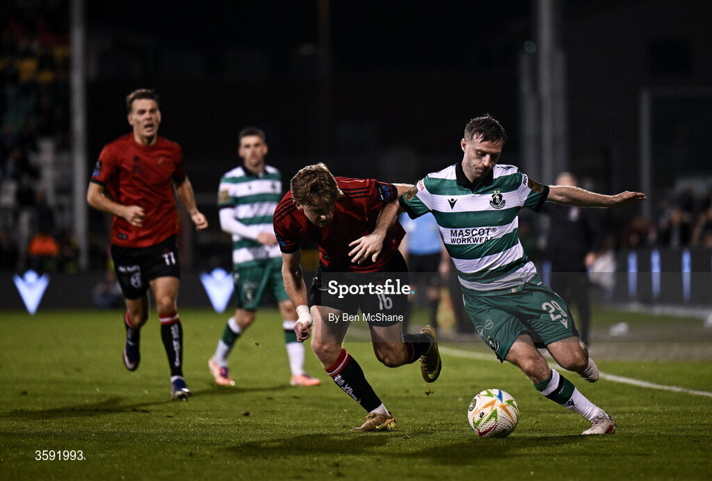 12 October 2026; Jack Byrne of Shamrock Rovers in action against Darragh Power of Bohemians during the SSE Airtricity Men's Premier Division match between Shamrock Rovers and Bohemians at Tallaght Stadium in Dublin. Photo by Ben McShane/Sportsfile