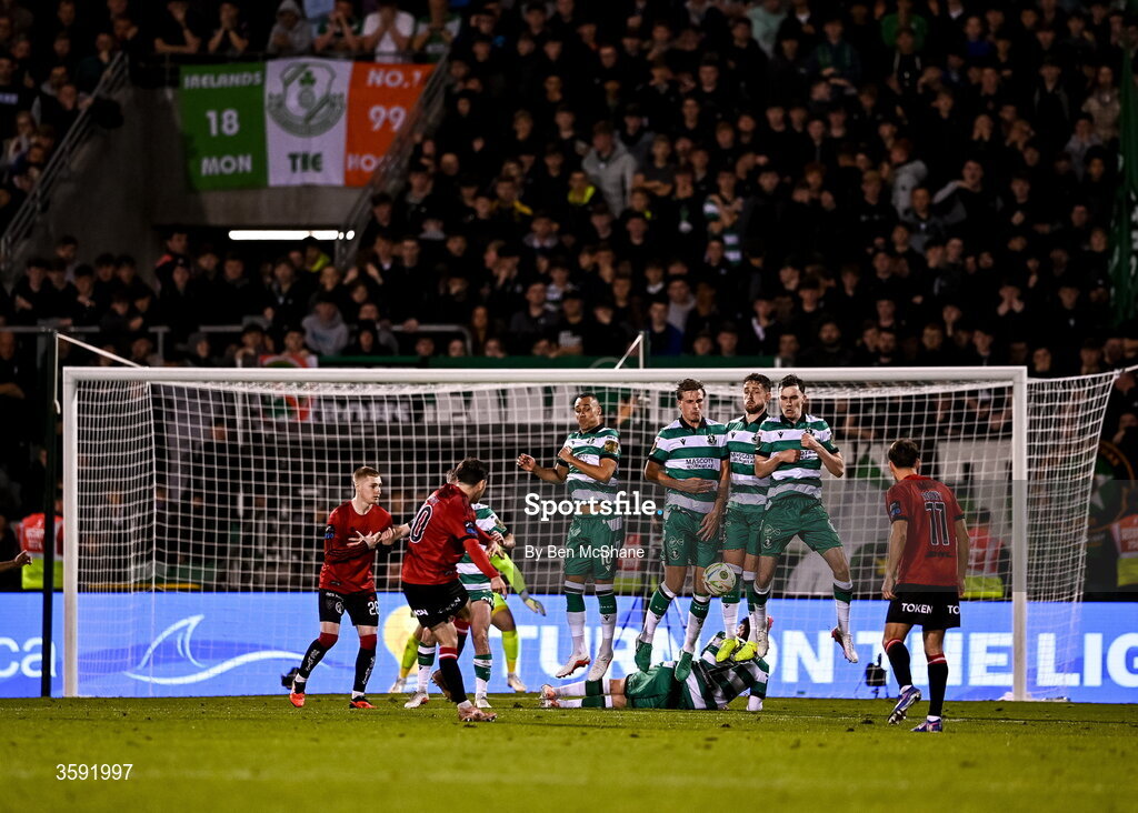 12 October 2026; the Shamrock Rovers wall jumps for the free-kick of Dawson Devoy of Bohemians during the SSE Airtricity Men's Premier Division match between Shamrock Rovers and Bohemians at Tallaght Stadium in Dublin. Photo by Ben McShane/Sportsfile