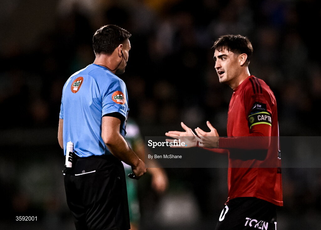 12 October 2026; Dawson Devoy of Bohemians appeals to referee Rob Hennessy during the SSE Airtricity Men's Premier Division match between Shamrock Rovers and Bohemians at Tallaght Stadium in Dublin. Photo by Ben McShane/Sportsfile