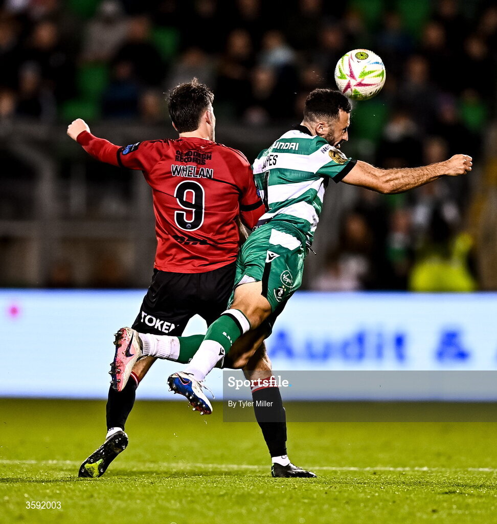 12 October 2026; Roberto Lopes of Shamrock Rovers is fouled by Colm Whelan of Bohemians during the SSE Airtricity Men's Premier Division match between Shamrock Rovers and Bohemians at Tallaght Stadium in Dublin. Photo by Tyler Miller/Sportsfile