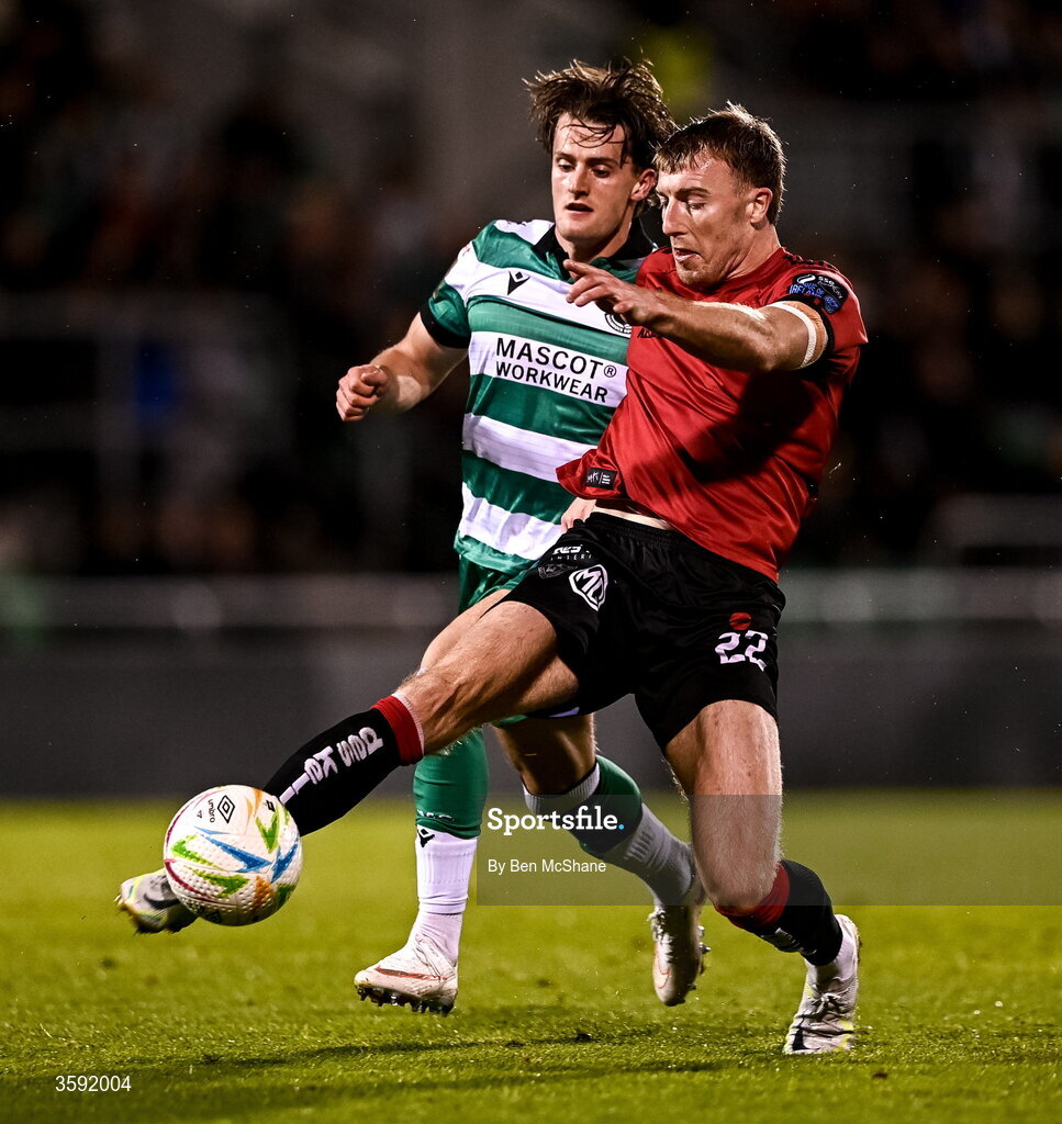 12 October 2026; Sam Todd of Bohemians in action against John McGovern of Shamrock Rovers during the SSE Airtricity Men's Premier Division match between Shamrock Rovers and Bohemians at Tallaght Stadium in Dublin. Photo by Ben McShane/Sportsfile