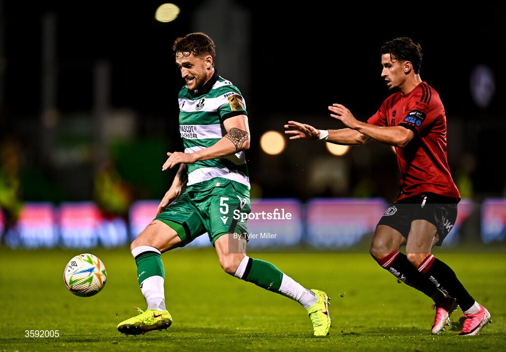 12 October 2026; Lee Grace of Shamrock Rovers in action against Connor Parsons of Bohemians during the SSE Airtricity Men's Premier Division match between Shamrock Rovers and Bohemians at Tallaght Stadium in Dublin. Photo by Tyler Miller/Sportsfile