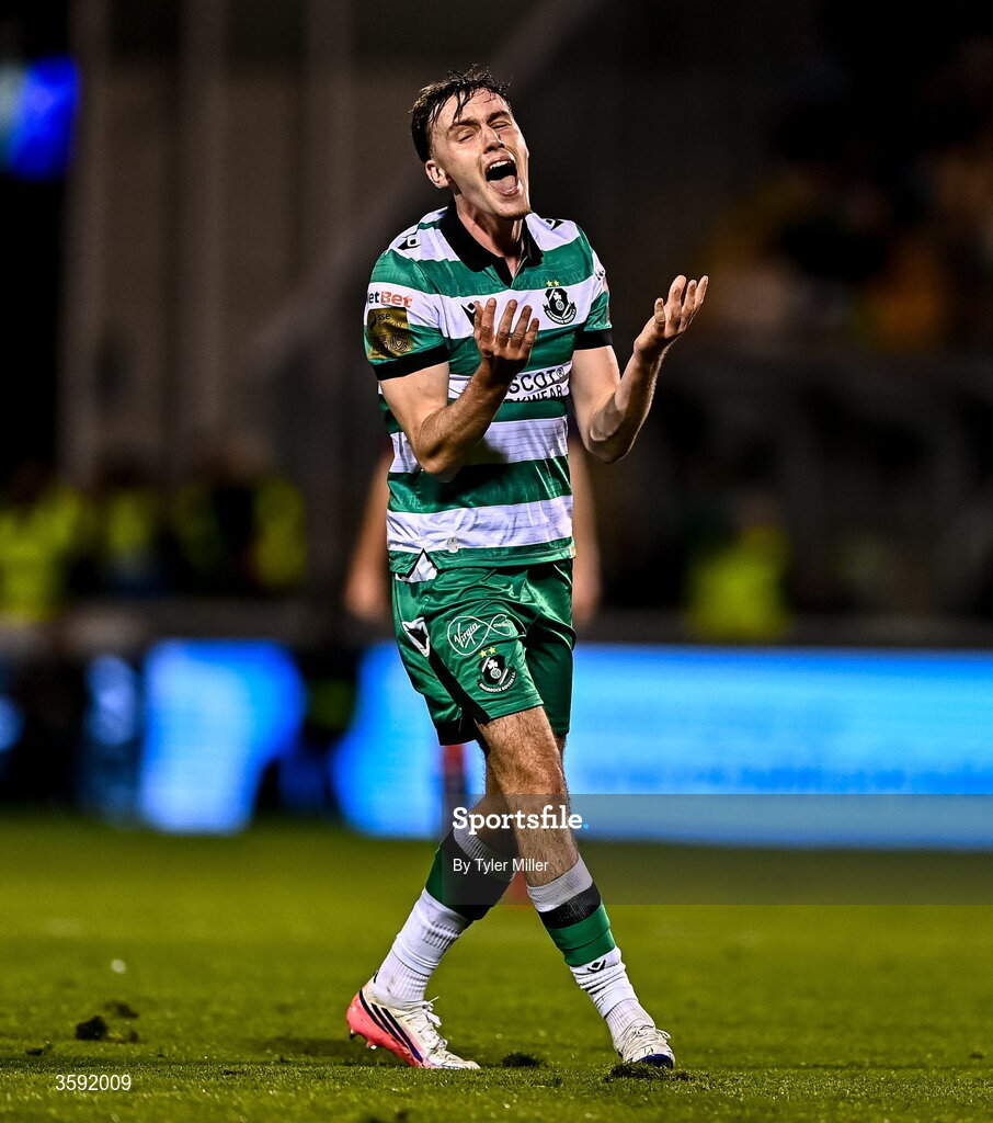 12 October 2026; Matt Healy of Shamrock Rovers reacts during the SSE Airtricity Men's Premier Division match between Shamrock Rovers and Bohemians at Tallaght Stadium in Dublin. Photo by Tyler Miller/Sportsfile