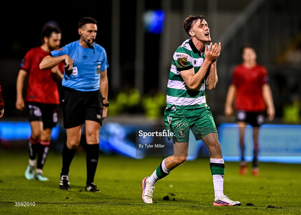 12 October 2026; Matt Healy of Shamrock Rovers reacts during the SSE Airtricity Men's Premier Division match between Shamrock Rovers and Bohemians at Tallaght Stadium in Dublin. Photo by Tyler Miller/Sportsfile