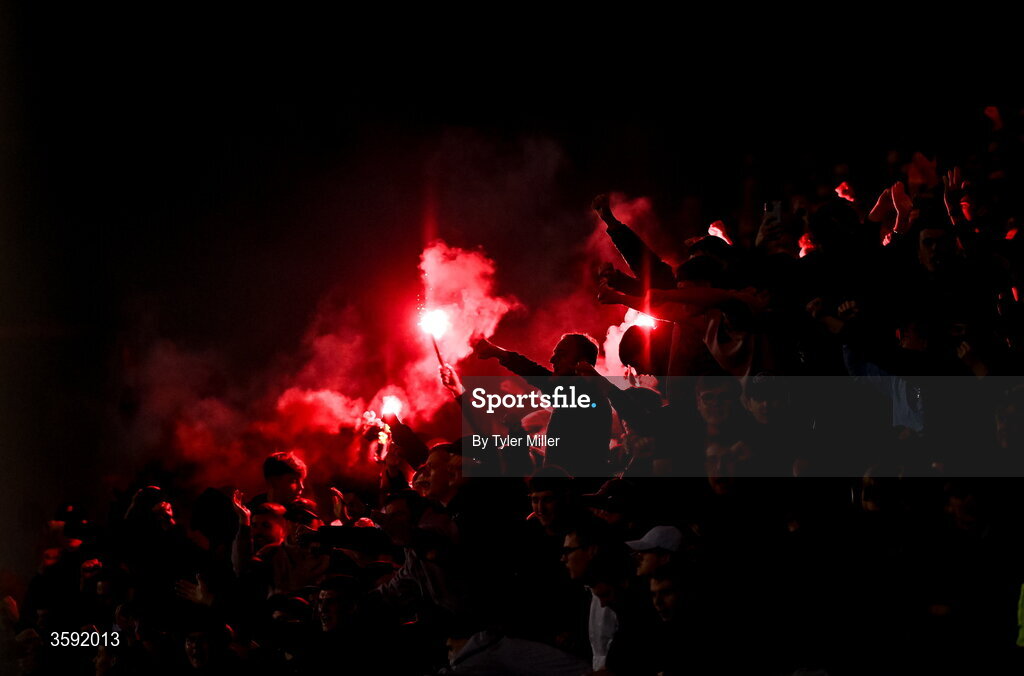 12 October 2026; Bohemians supporters with flares during the SSE Airtricity Men's Premier Division match between Shamrock Rovers and Bohemians at Tallaght Stadium in Dublin. Photo by Tyler Miller/Sportsfile
