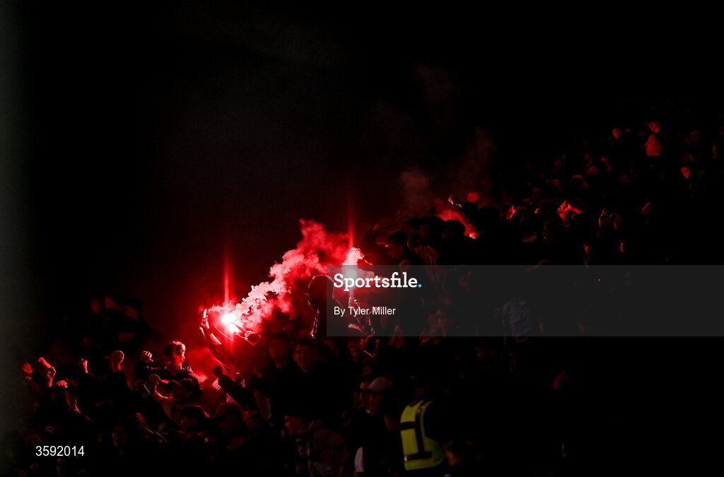 12 October 2026; Bohemians supporters with flares during the SSE Airtricity Men's Premier Division match between Shamrock Rovers and Bohemians at Tallaght Stadium in Dublin. Photo by Tyler Miller/Sportsfile