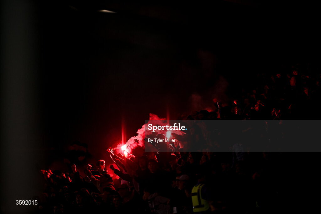 12 October 2026; Bohemians supporters with flares during the SSE Airtricity Men's Premier Division match between Shamrock Rovers and Bohemians at Tallaght Stadium in Dublin. Photo by Tyler Miller/Sportsfile