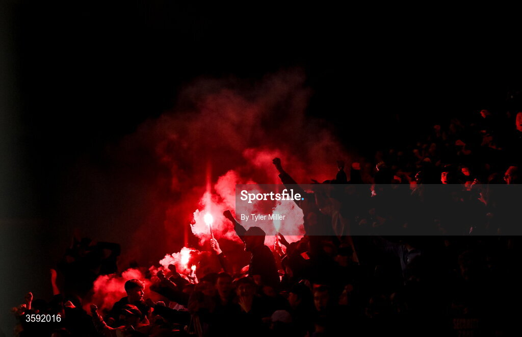 12 October 2026; Bohemians supporters with flares during the SSE Airtricity Men's Premier Division match between Shamrock Rovers and Bohemians at Tallaght Stadium in Dublin. Photo by Tyler Miller/Sportsfile