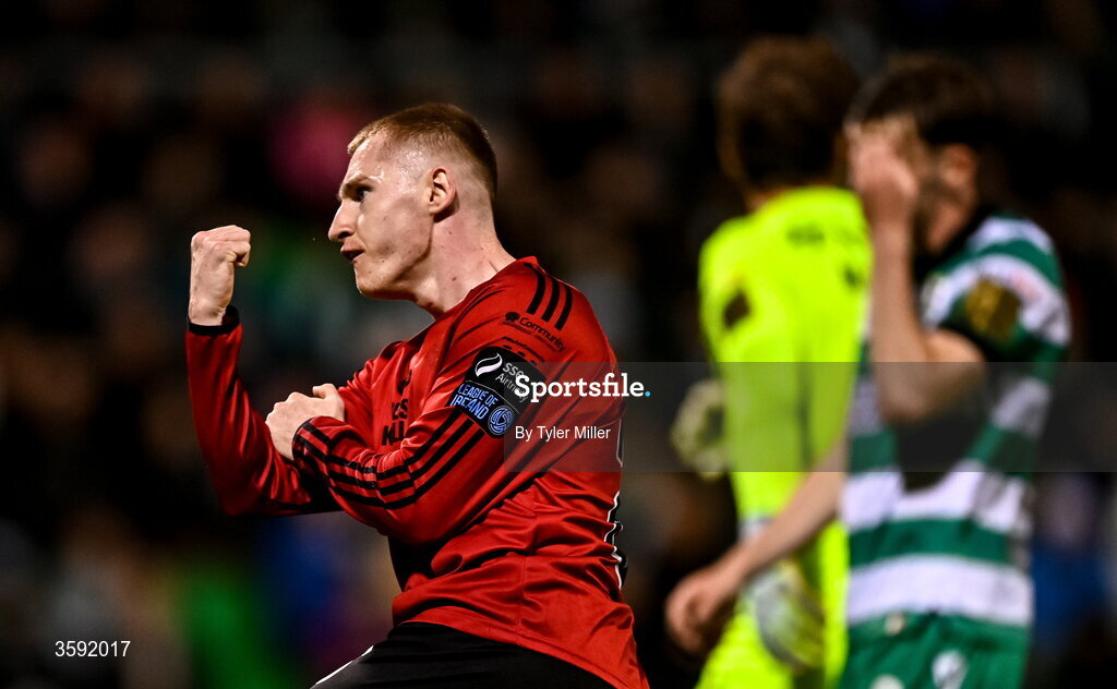 12 October 2026; Ross Tierney of Bohemians celebrates after scoring his side's first goal during the SSE Airtricity Men's Premier Division match between Shamrock Rovers and Bohemians at Tallaght Stadium in Dublin. Photo by Tyler Miller/Sportsfile