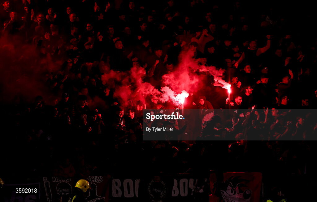 12 October 2026; Bohemians supporters celebrates their first goal during the SSE Airtricity Men's Premier Division match between Shamrock Rovers and Bohemians at Tallaght Stadium in Dublin. Photo by Tyler Miller/Sportsfile