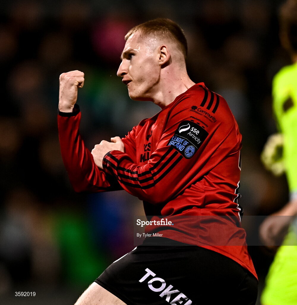 12 October 2026; Ross Tierney of Bohemians celebrates after scoring his side's first goal during the SSE Airtricity Men's Premier Division match between Shamrock Rovers and Bohemians at Tallaght Stadium in Dublin. Photo by Tyler Miller/Sportsfile